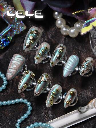 10 piezas de uñas postizas metálicas en forma de almendra, estilo Y2K, uñas cromadas, verde, degradado de color, dijes, elemento de decoración tridimensional, cromo dorado, cuentas doradas, uñas postizas bohemias acrílicas para Navidad, para mujeres y niñas, con 1 lima de uñas mini y 1 hoja de pegatinas adhesivas, accesorios para uñas adecuados para fiestas, uso diario, baile, Navidad