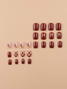 24入組短方形極簡風格印花假指甲套裝，含1支指甲文件和1支果凍膠壓縮假指甲，美甲用品 - 彩色 - 查看 2