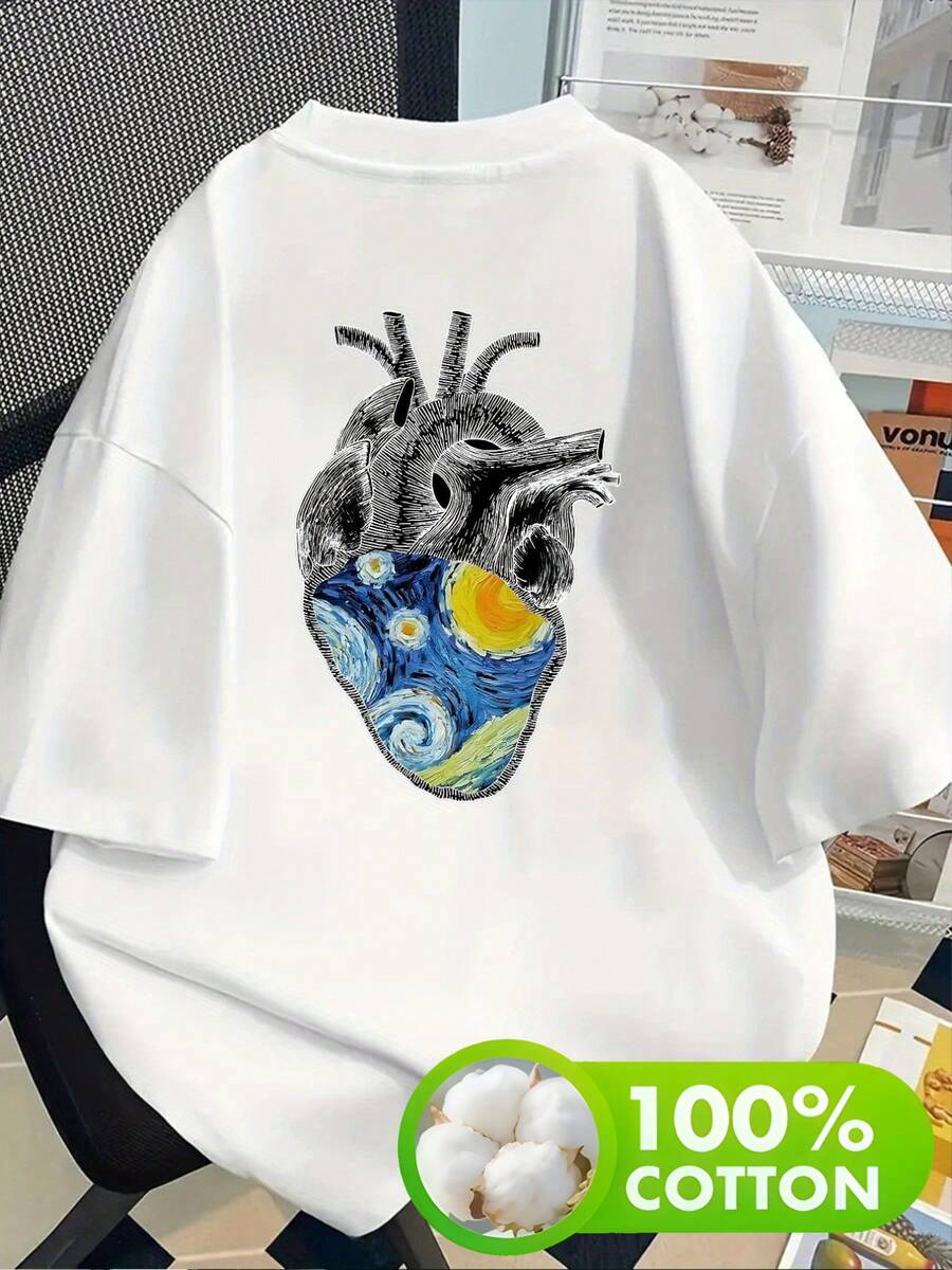 Camiseta unisex Noche estrellada de Van Gogh - Camiseta con estampado artístico de lienzo en forma de corazón, top informal de cuello redondo para uso diario - Ropa de pintura de Van Gogh lavable a máquina, artística y de moda, camiseta con patrón único, tela cómoda, camisa estampada, amantes de la moda, ropa de verano, moderna y elegante, camisa duradera, camiseta de manga corta, estilo creativo. - Blanco - Ver 1
