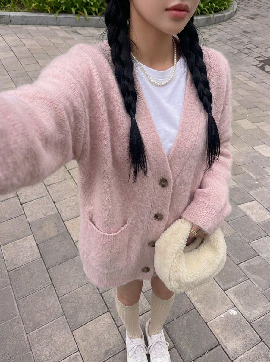 Rikumo Women's Simple Casual Knit Cardigan Sweater,Long Sleeve Tops Winter - Pink - View 1
