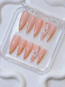 Bộ 10 móng giả Y2K kiểu Stiletto - Làm thủ công, móng màu nude, móng màu hồng, hoa 3D thủ công, nghệ thuật vẽ móng hoa 3D, thiết kế họa tiết vàng vẽ tay, móng vàng lấp lánh, móng thanh mảnh duyên dáng - Hoàn hảo cho các bữa tiệc và trang phục thường ngày, quà tặng ngày lễ hoàn hảo cho phụ nữ và các cô gái, nghệ thuật vẽ móng DIY, bộ móng, bao gồm bộ dụng cụ. Vật tư làm móng - Nhiều màu - Xem 1