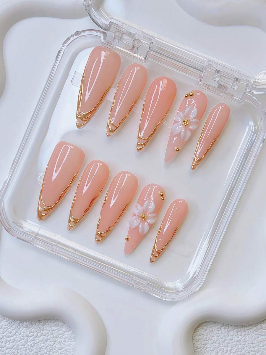 Bộ 10 móng giả Y2K kiểu Stiletto - Làm thủ công, móng màu nude, móng màu hồng, hoa 3D thủ công, nghệ thuật vẽ móng hoa 3D, thiết kế họa tiết vàng vẽ tay, móng vàng lấp lánh, móng thanh mảnh duyên dáng - Hoàn hảo cho các bữa tiệc và trang phục thường ngày, quà tặng ngày lễ hoàn hảo cho phụ nữ và các cô gái, nghệ thuật vẽ móng DIY, bộ móng, bao gồm bộ dụng cụ. Vật tư làm móng - Nhiều màu - Xem 1