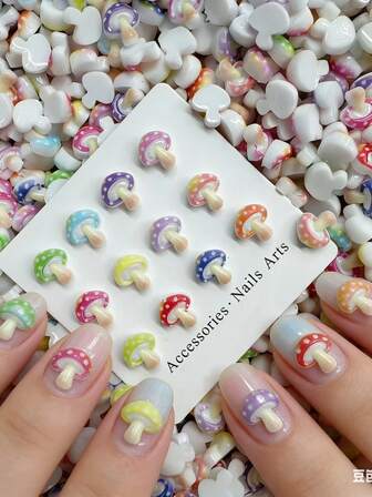 60/30 Pcs Cartoon Mushroom Nail Art Decor,Colorful Polka Dot Gradient DIY Nail Stickers For Women & Girls