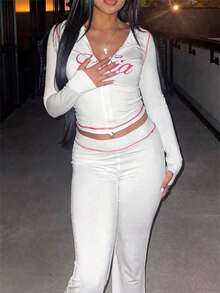 Bộ đồ thể thao nữ FQLWL phong cách đường phố thường ngày, áo hoodie in họa tiết có khóa kéo và quần dài, bộ 2 mảnh tay dài màu trắng mùa xuân. - trắng - Xem 2