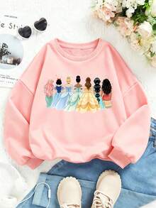 Disney Princess Print Fall/Winter Kids' Crewneck Sweatshirt Perfect For Girls' Everyday Play Long-Sleeved Top Ideal As A Christmas Gift - 粉色 - 查看 1