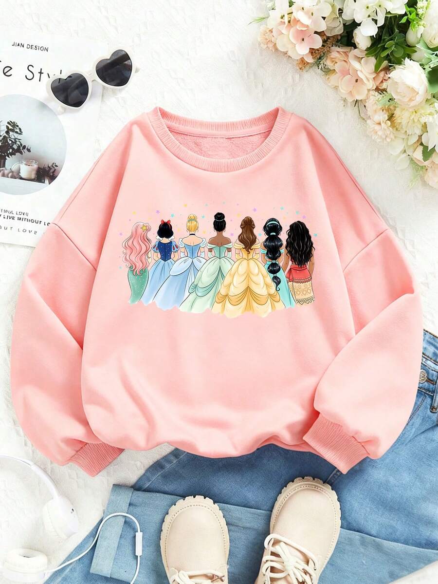 Disney Princess Print Fall/Winter Kids' Crewneck Sweatshirt Perfect For Girls' Everyday Play Long-Sleeved Top Ideal As A Christmas Gift - 粉色 - 查看 1