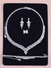 CORUIXI 1 件女士 V 形锆石项链套装，奢华时尚银饰 4 件配饰适合婚礼派对舞会礼物 - 銀色 - 查看 8