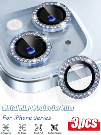 3 piezas Compatibles para iPhone 11-17 Pro Max Protector de lente de cámara Bling, Cubierta de cámara de vidrio templado 9H, Anillo de metal decorativo Accesorios (Diamante-Azul) Aplicable a protección diaria, oficina, hogar Cubierta de cámara de teléfono Cristal brillante a prueba de agua a prueba de golpes resistente a arañazos