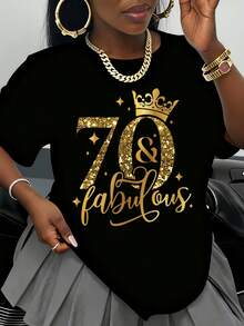 70 And Fabulous Birthday Shirt Women Gold Glitter Crown T-Shirt 70th Birthday Celebration Gift For Her Party Wear Elegant White Top Birthday Outfit - 黑色 - 查看 1