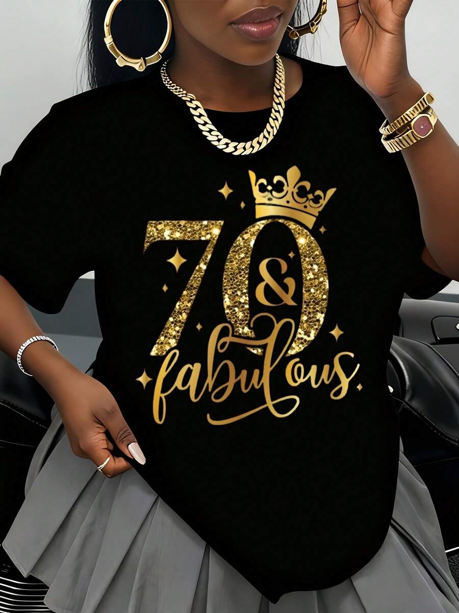 70 And Fabulous Birthday Shirt Women Gold Glitter Crown T-Shirt 70th Birthday Celebration Gift For Her Party Wear Elegant White Top Birthday Outfit - 黑色 - 查看 1