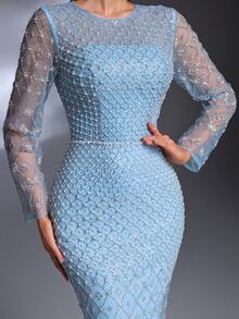 Elisanya New Luxury & Elegant Women's Long Formal Dress, Embellished With Sequins, Sequins, Lace, V-Neck, Slit Hem, Basic Style For Formal Events, Galas, Weddings, Parties - Baby Blue - View 5