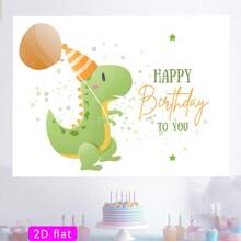 【派对横幅】2D平面横幅，1件装，生日快乐，可爱绿色恐龙派对帽，橙色气球，柔和色调涤纶背景布，适用于派对装饰、俱乐部、房间、家庭、花园、农场，无需用电，感恩节礼物 - 彩色 - 查看 2