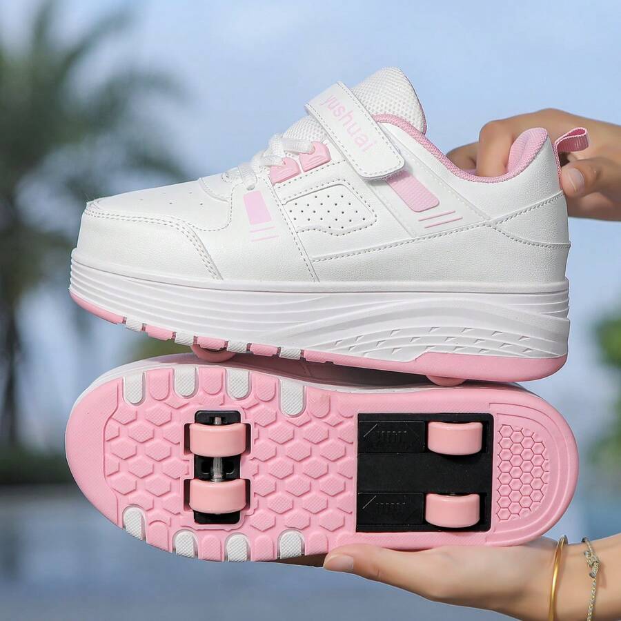 Unisex Student Roller Skate Shoes With Wheels, Girls/Boys Retractable Double/Four Wheels Roller Skates, New Design - Pink - View 1