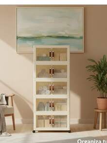 Mueble Organizador de 5 Niveles con Rueditas Puertas Transparentes Cierre Magnético para Almacenamiento Eficiente, mide 116 X 100 X 49 cm también es modular, lo puedes desarmar a tu gusto para hacerlo mas pequeño - Albaricoque - Ver 6
