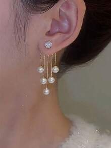1 Pair Faux Pearl Tassel Earrings, Unique Design For Women, Can Be Worn As Stud Earrings Or Long Earrings, Elegant And Luxurious Daily Accessory - Gold - View 3