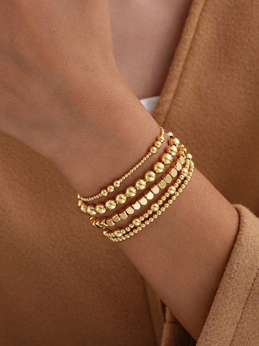 5件套时尚弹力串珠手链套装，适合女性佩戴，可叠戴和搭配 - 金黃色 - 查看 1