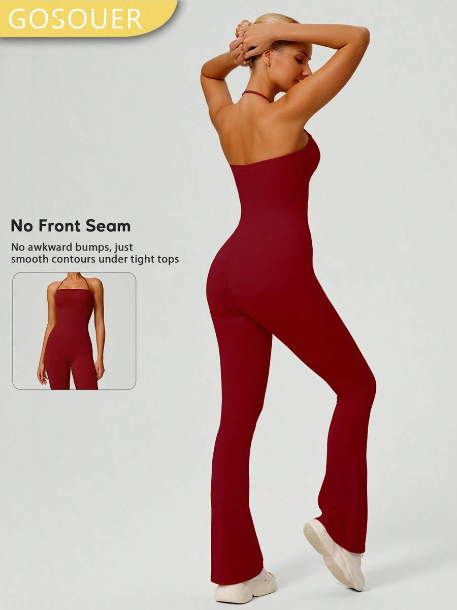Women's Backless Peach Lifting Sports Yoga Jumpsuit, Casual Fitness Flare Pants - Red - View 1
