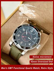 Burberry Đồng hồ nam analog Thụy Sĩ GMT Quartz màu xanh ô liu, dây đeo nylon. - màu đen - Xem 1