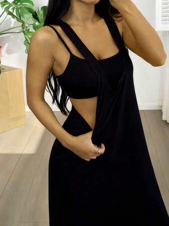 Damen Lässig Schwarzes A-Linien Rückenfreies Kleid mit Schlitz und Hohlmuster, Maxikleid