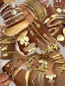 25/15/13/12/7/5件套复古粗链叠戴手链套装 - 花卉、几何、水滴、串珠、波浪、心形、浮雕、爱心文字、扭曲、链条、不对称、编织、光滑、简约、金属、夸张、厚手镯，时尚、优雅、复古、可爱，适合节日、派对、日常佩戴 - 金黃色 - 查看 2