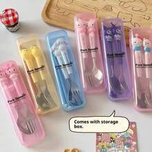 3pcs Stainless Steel Cutlery Set (Knife, Fork, Chopsticks) With Storage Box, Featuring Cute Kuromi, My Melody And Cinnamon Roll Designs By Sanrio Hello Kitty. Suitable For Family Dining, Picnics, School Supplies, Lunch Box Accessories, Office Supplies. Includes Chopsticks, Spoon And Fork. Perfect Gift (Official Licensed Product). Adorable Cartoon Stainless Steel Portable Cutlery Set, Suitable For Children, Students And Outdoor Travel.