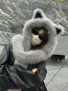 1pc Stylish Faux Fur Fox Ear Neck Warmer Hat, Women Winter Warm Windproof Trapper Hat, Ski Cap