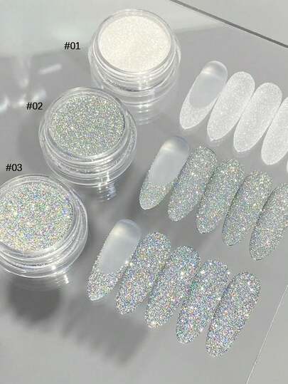 三色水钻亮片指甲油，含珍珠粉和镜面粉，适合DIY美甲、艺术美甲和新娘美甲。也适合圣诞美甲、法式美甲、情人节美甲等场合。