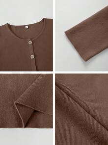 Live To Mo Fall Women Clothes Olive Green Long-Sleeve Cardigan With Button Embellishments - Business Casual Woman For Office & Daily Wear - Brown - View 7