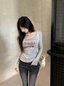 时尚美式街头风露肩字母印花修身长袖T恤，性感叠穿女装 - 灰色 - 查看 1