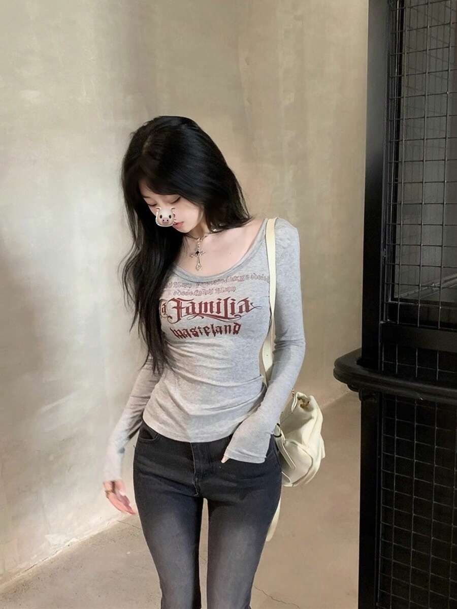 时尚美式街头风露肩字母印花修身长袖T恤，性感叠穿女装 - 灰色 - 查看 1