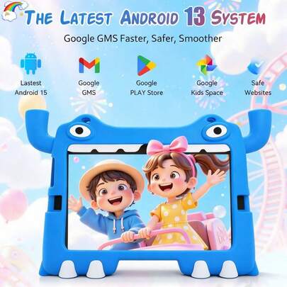 La última tableta para niños de 7 pulgadas de Blinkbuys con sistema Android 13, pantalla HD+ IPS para educación y aprendizaje, cámara de 200 + 500W, batería de 3000 mA (se presume que aquí quizás haya un error y debería ser 3000mAh como en la descripción siguiente, usaré 3000mAh para la traducción), memoria RAM de 4 GB, almacenamiento ROM de 64 GB, batería de 3000mAh, altavoces con doble WiFi (sin adaptador). tableta para niñas y niños con cubierta protectora de 64 GB+4 GB, WiFi, Bluetooth, cámara doble, juegos educativos, control parental, software para niños.