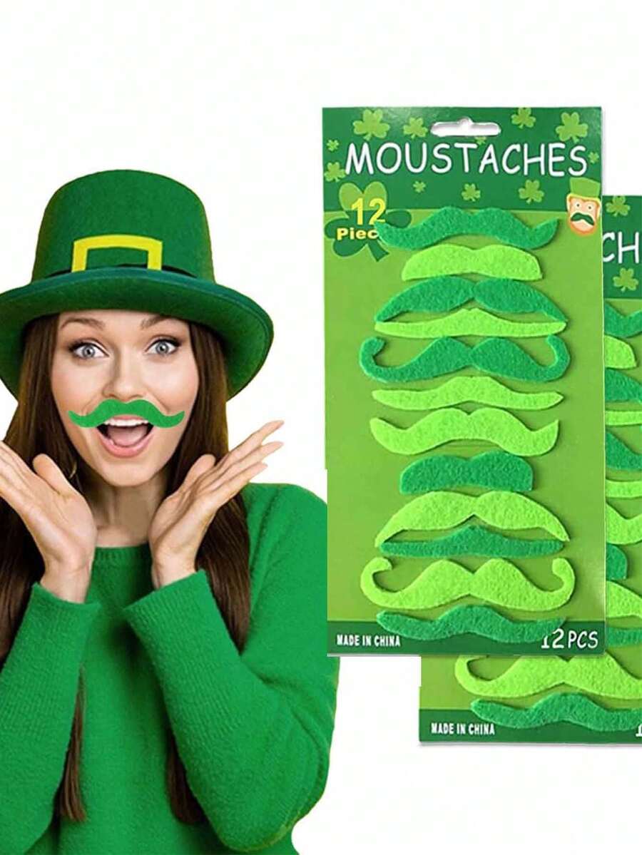 1/2set St. Patrick's Day Green Mustache, St. Patrick's Day Simulation Adhesive Creative Fake, Green Mustaches Beard Cosplay Halloween Costume Accessory. - Green - View 1