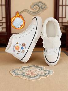 ET014-S002-1 黑白民族风宇宙刺绣高帮运动鞋，创意吉祥云纹休闲鞋，复古小众百搭厚底鞋 - 白色 - 查看 11