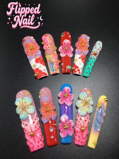 10 stuks handgemaakte, doodskistvormige kunstnagels van 5,5 cm, versierd met bloemblaadjes, stippen en waterdruppels. Geschikt voor vrouwen en meisjes, voor feestjes, festivals en dagelijks gebruik als nagelstickerset. Nagelaccessoires, acrylnagelset, inclusief handgemaakte nagelkunst, kunstnagelstickers en nagelbenodigdheden.