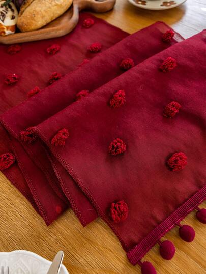 1pc Black & White Fluffy Pom Pom Decorated Sheer Mesh Table Runner, Tasseled Decor, Natural Farmhouse Style, Lightweight Rectangular Table Runner, Suitable For Spring/Summer, Holidays, Weddings, Birthdays, Parties, Daily Home Decor