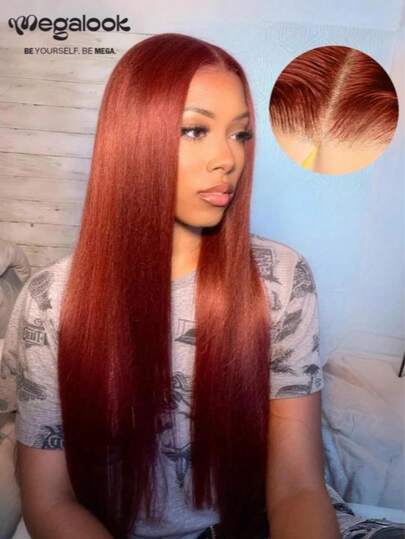 MEGALOOK 预剪6x5蕾丝#33红棕色丝滑直发假发，100%真人发丝 - 透明蕾丝闭合假发，预拔毛自然发际线，无胶假发，巴西原生发，180%密度，红色假发，20-30英寸 - 适合初学者，外观自然，日常佩戴，办公室适用，适合僵尸新娘、万圣节派对、Y2K风格、度假装扮、户外角色扮演、校园、学校假期、圣诞节派对、婚礼、节日等场合，适合女性佩戴。