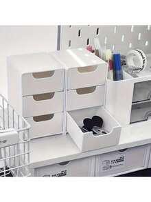 1 Stück platzsparende Kunststoff Schreibtisch Aufbewahrungsbox mit 3 Schubladen, geeignet zum Aufbewahren von Kosmetik, Accessoires, Urlaubsutensilien, Reisebedarf, Kulturtaschen, Strandartikeln, Campingausrüstung und mehr - Weiss - Übersicht 3