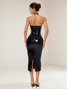 UNITHORSE Women's Christmas Atmosphere Ladies Soft Fleece Lined PU Dress Mini Short Commuter Comfortable Christmas Dress Soft Touch Leather Skirt, Christmas Party Dress, Elegant Red Christmas Dress - Black - View 3