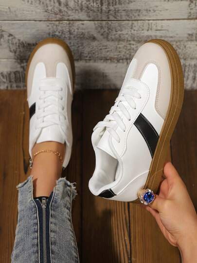 Women's Spring/Autumn New Waterproof Non-Slip Round Toe Low-Top Casual Shoes, Flat Comfortable Versatile Small White Shoes, Color Block Sports Casual Shoes, Retro Fashionable Sneakers, Suitable For All Seasons