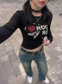 Rikumo 女士时尚街头朋克Y2K风格“心形，吉他”英文印花个性化圆领长袖T恤 冬季 - 黑色 - 查看 1