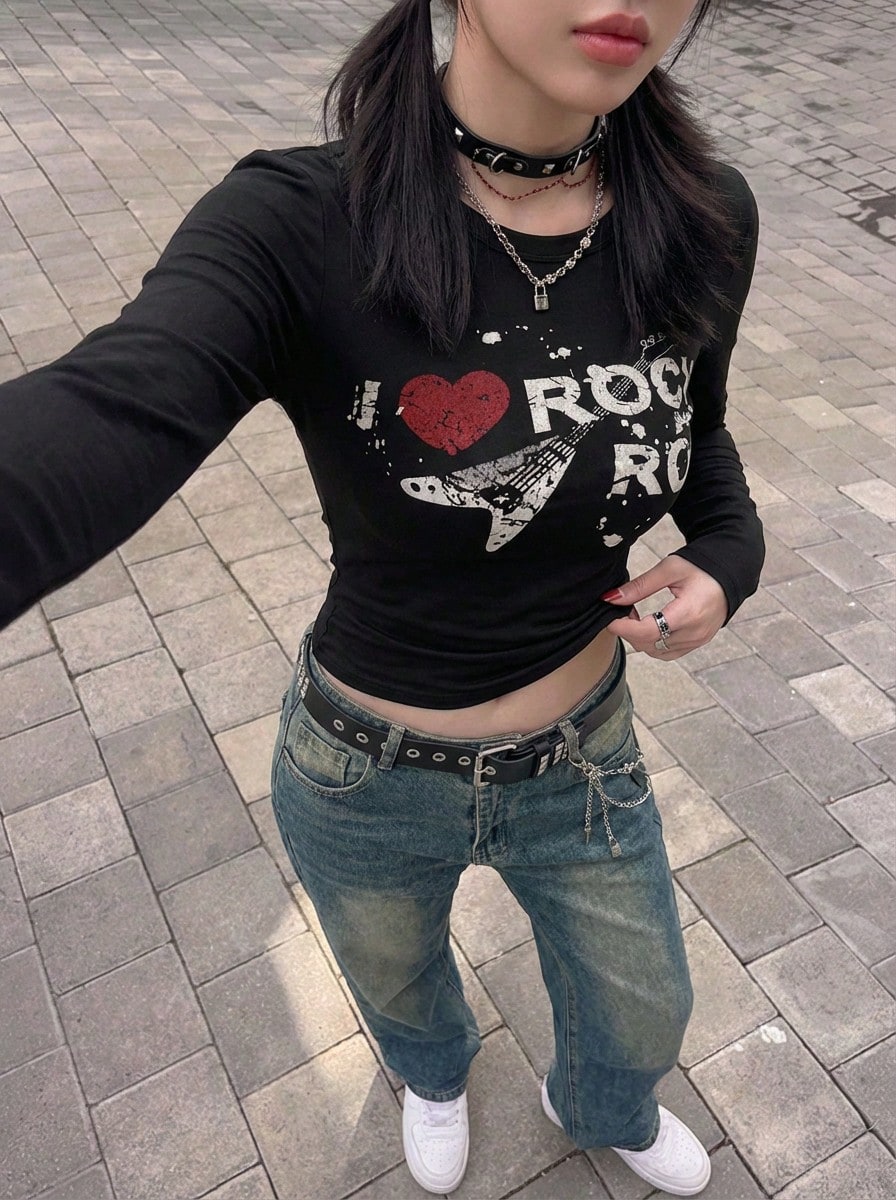 Rikumo 女士时尚街头朋克Y2K风格“心形，吉他”英文印花个性化圆领长袖T恤 冬季 - 黑色 - 查看 1