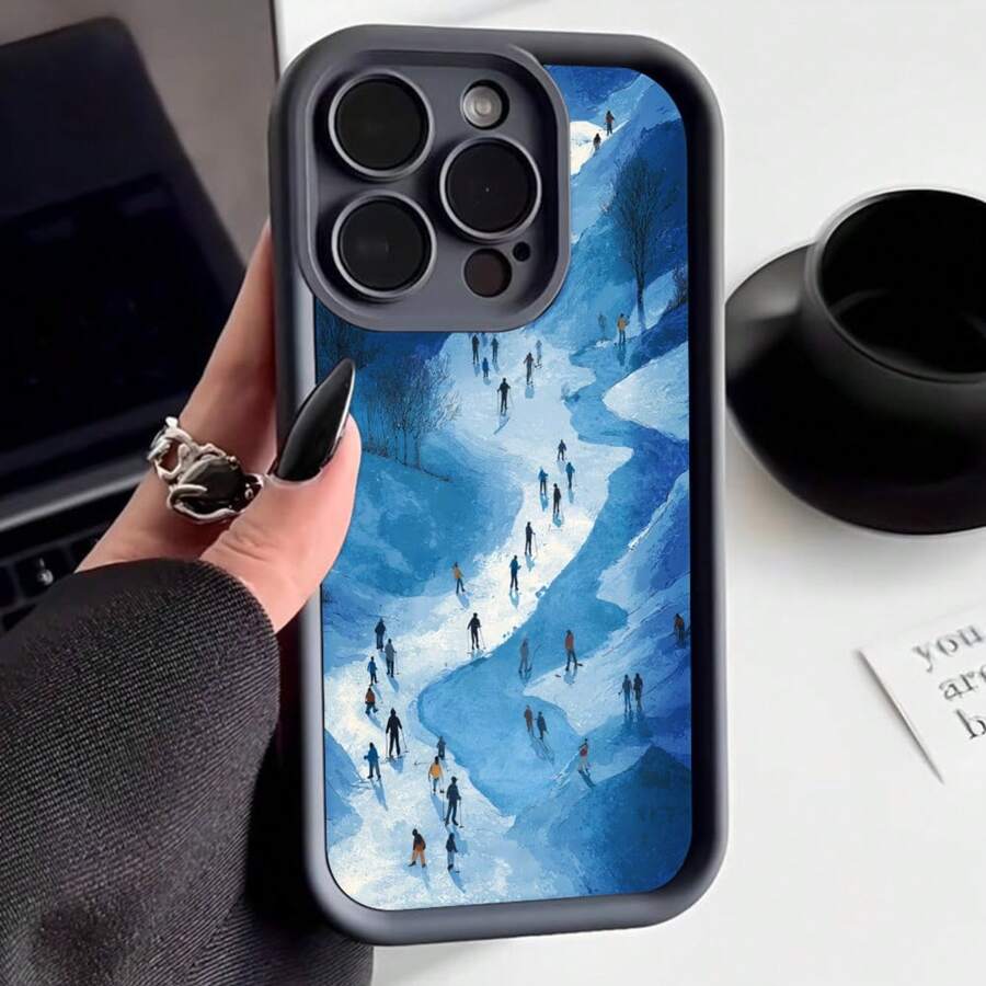 Cubierta de teléfono con borde negro diseño de patinaje sobre hielo en invierno azul claro para uso diario y viajes - Café integral - Ver 1
