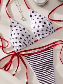 3pcs Women Swimsuit Bikini Set, Retro Brown Polka Dot Striped Beach Outfit, Swim Shorts/Cover Up/Birthday Outfit/Casual/Y2K/2000s/Y2K Style/Elegant/Old Money/Streetwear/Holiday - Multicolor - View 11