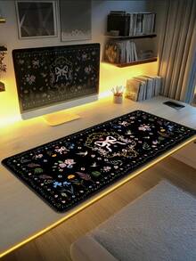 复古甜美黑色鼠标垫，可爱桌垫 XXL 大号扇形游戏鼠标垫，防滑橡胶底座键盘垫防水少女桌面垫，适用于笔记本电脑游戏、家庭办公，花朵蝴蝶结 - 彩色 - 查看 3