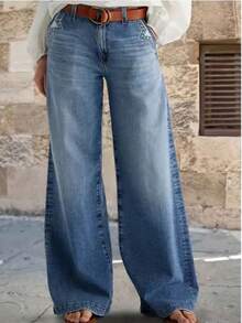 Casual Commute Washed Straight Stretch Jeans - Blue - View 2