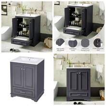 24'' Bathroom Vanity With Ceramic Sink Combo, Modern Freestanding Storage Cabinet With Silver Handles, Soft Closing Doors - Blue Gray + CeramicSolid WoodMDF + Modern + Bathroom - View 1