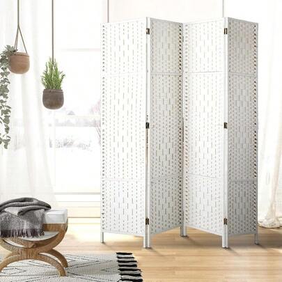 4 Panels Room DividerFoldable Wooden Privacy Screen Dividers Partition Wall Screens For Home Pet Child Balcony Bedroom Bathroom Portable Rattan Partition Separator Water-Resistant White