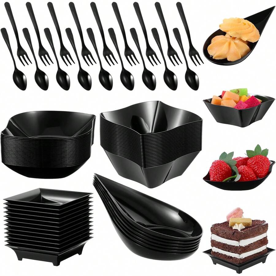 Yolev - Juego de 200 platos de aperitivos con cucharas, tenedores, platos de postre reutilizables de plástico de forma variada, platos pequeños, bandejas de aperitivos para bodas, eventos de - 1 - Ver 1