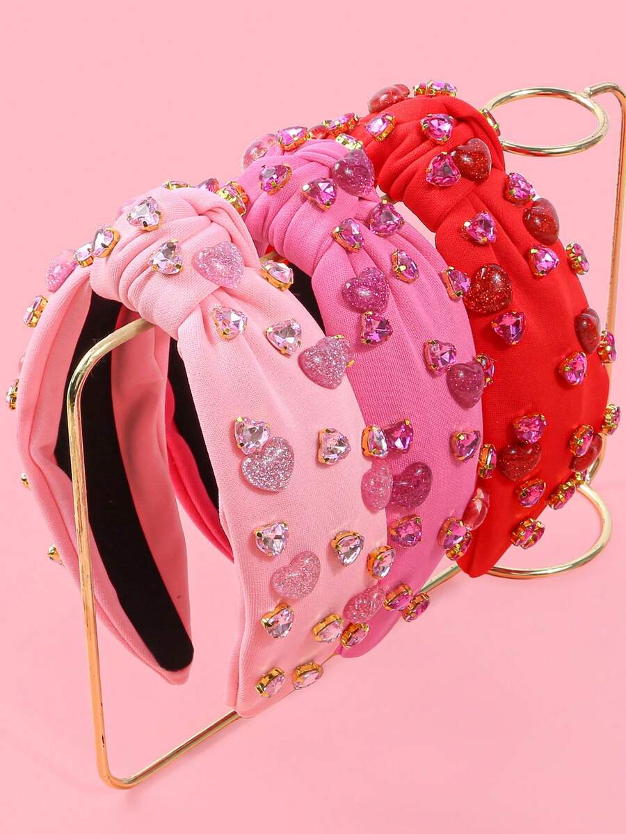 1 Piece Valentine's Day Gift Sparkly Heart Rhinestone Knot Headbands - Cute Pink & Red Hair Hoop Hair Accessories For Big Girls | Shiny Decorative Hair Bands For Party & Daily Wear - Nhiều màu - Xem 1