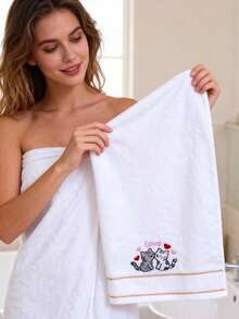 Juego de toallas para pareja o individual para el Día de San Valentín - Toalla de baño de algodón puro con bordados de gato y motivos de corazón, ultra suave y absorbente con ribete dorado, decoración de baño lujosa - Blanco - Ver 3